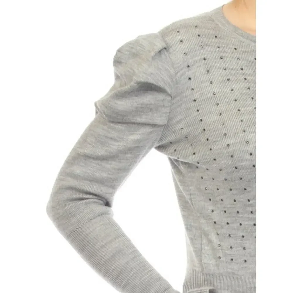 AZI New York Women's Puff Sleeve Knit Sweater Size S Gray Keyhole Rhinestone NWT
